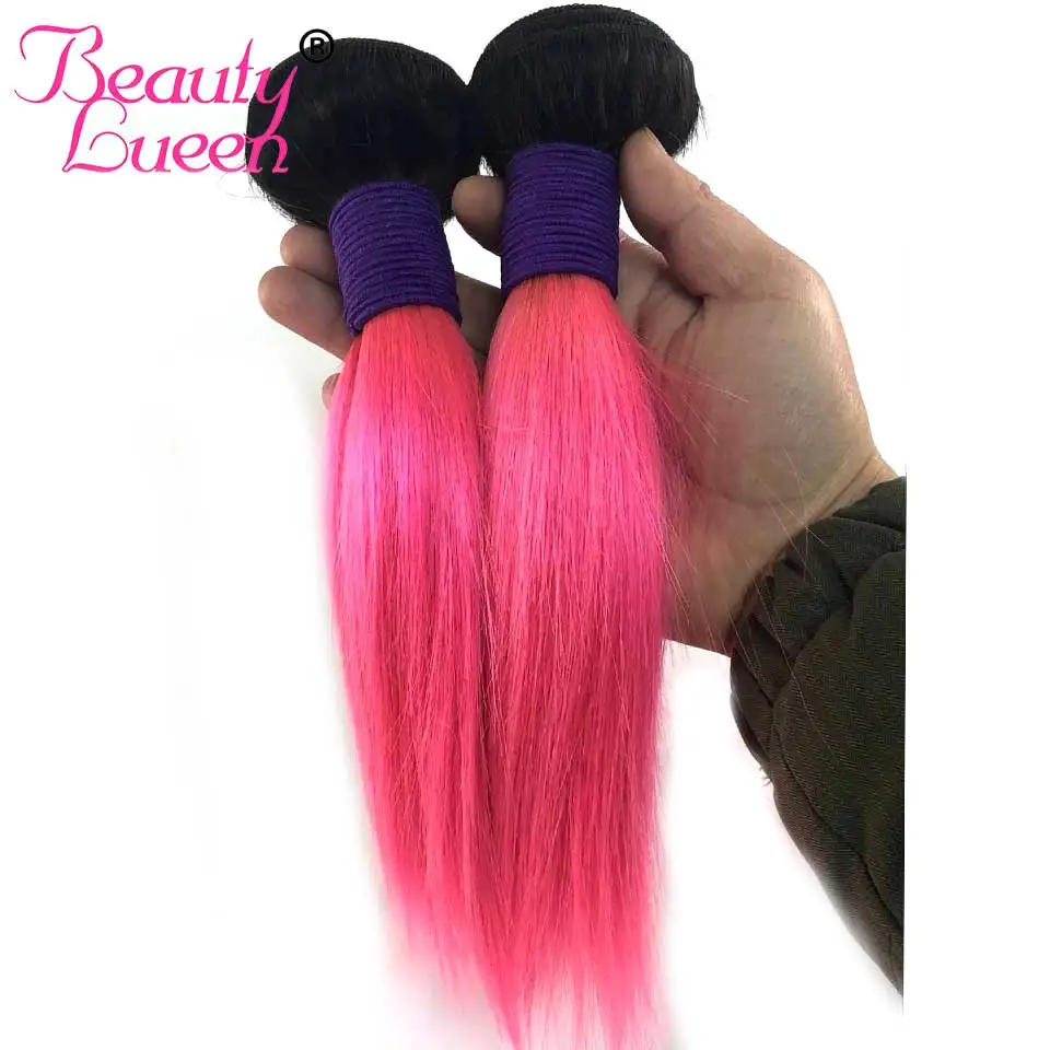 Brazilian Straight Hair 3 Bundles With Closure 1B Pink Two Tone Ombre Color Human Hair Weave With Lace Closure Remy Beauty Lueen (3)