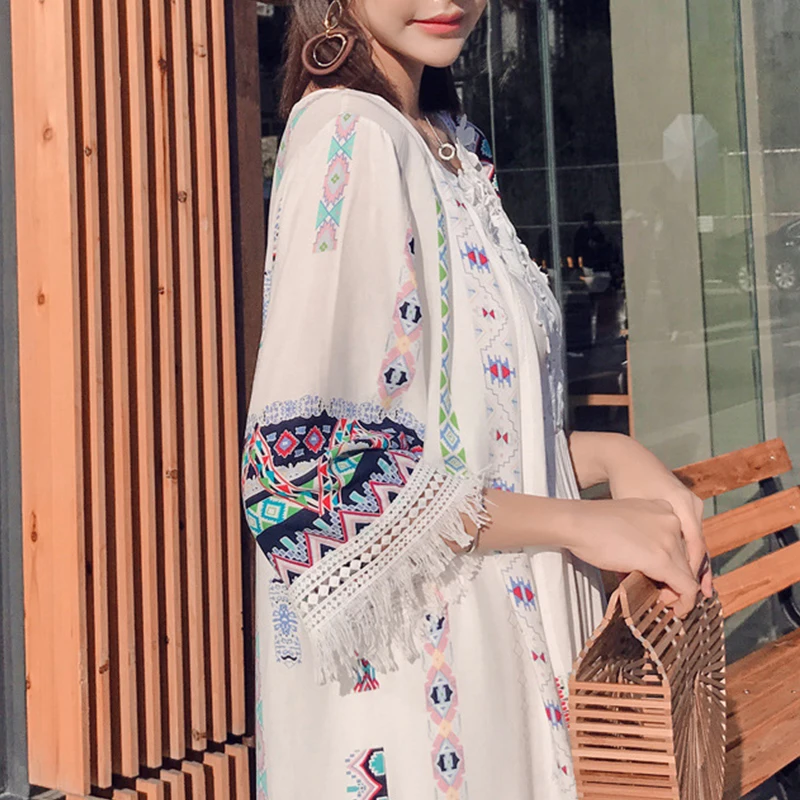

Fashion Vintage Tassel Chiffon Women Shirt Summer Beach Holiday Cape Coats Printed Blouses Female Shirts Sun Protection Clothing