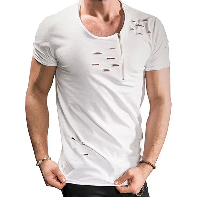 Сплошной цвет рваные футболки мужские модные молнии дышащие повседневные футболки Мужская модная футболка плюс размер 3XL