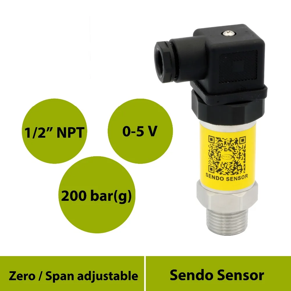 

0 to 5v pressure sensor, 20MPa/200bar gauge, universal pressure transmitter, 12 24 36 volt power, 1 2 npt thread, media isolated