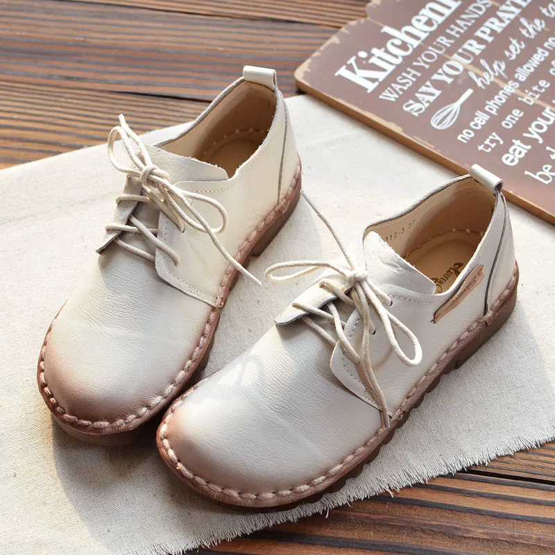 Automne Plates Étudiants Cuir Casual Coréens Nouvelle apricot marron Véritable En Simples Art Fille Beige Mori noir Chaussures Sauvages Rétro Femelle FqXFwYBx7