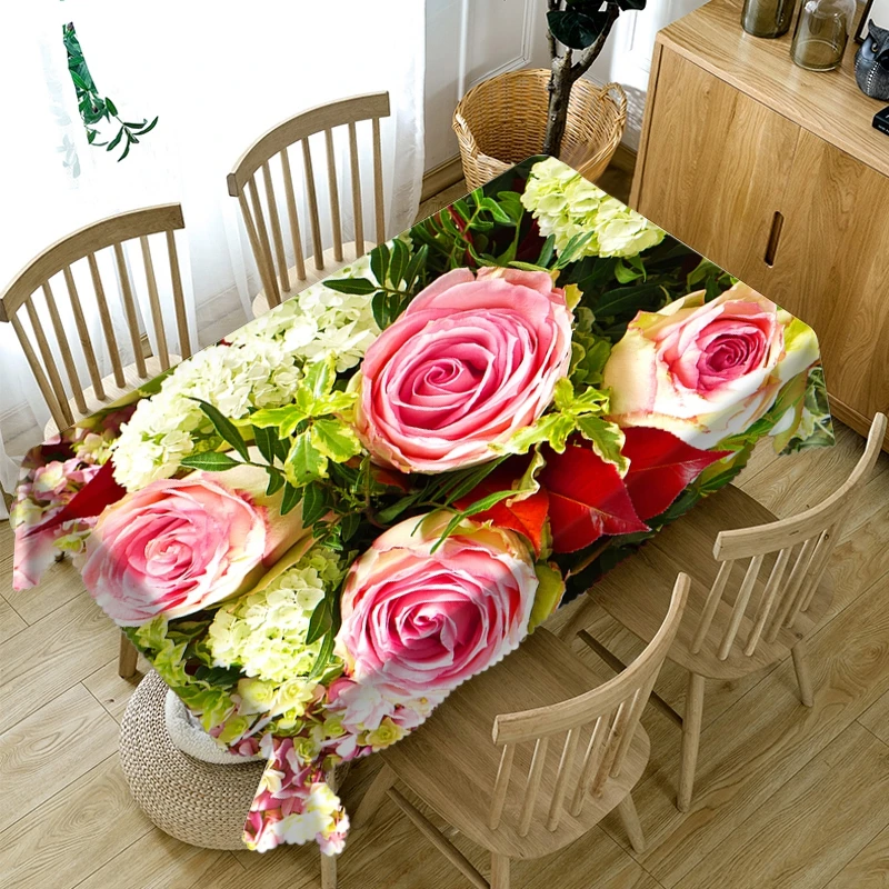 

Pink Rose with White Small Flowers Painting Tablecloth Multi-function Digital Printing 3D Tapestry Cloth Table Cover