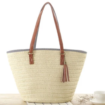 

Woman Straw Beach Bag Handbags Carrying Bag Tote, Cotton Lining, PU Leather Handles (Beige)