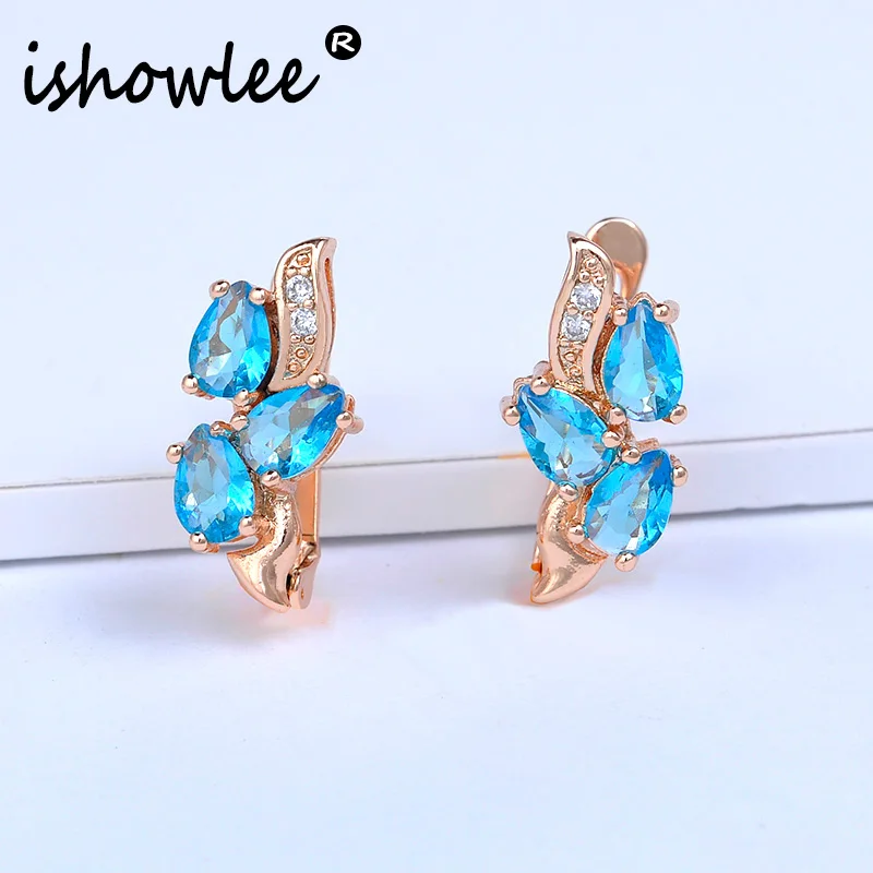 

ISHOWLEE Flower Crystal 585 Rose Gold Zircon Earrings for Women Blue & White Stones Korean Earrings Fashion 2019 Jewelry esp27