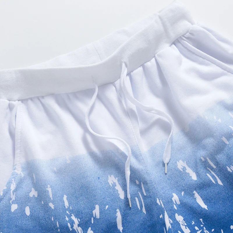 2019 Summer Men's Sportswear , Fashion Style Men's Round Neck Gradient Blue and White Short-sleeved Men sets