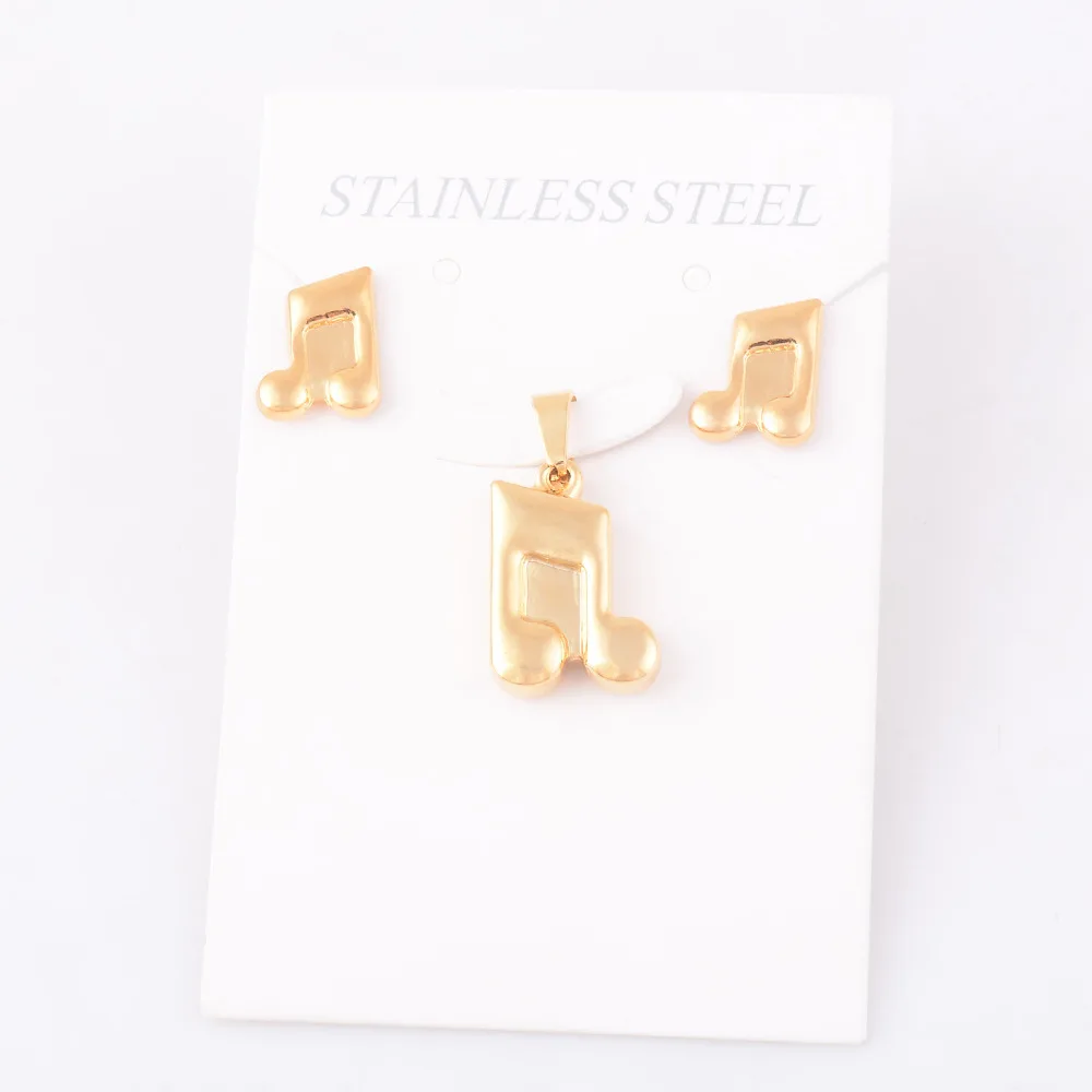 

Fashion Classic Style Women Men Pendant and Studs Earrings 316L Stainless Steel Gold Musical Note Jewelry Sets