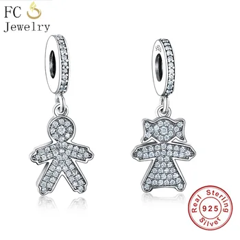 

Genuine 925 Silver Cute Little Boy & Girl Pave CZ Dangle Charm BeadBerloque Fit Original Charm Bracelet Women Gifts