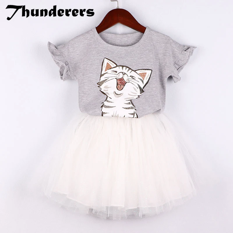 

NEW children's clothes sets Cute kitten pattern grey T-shirt white gauze lace skirt kids clothing sets 3-7Y