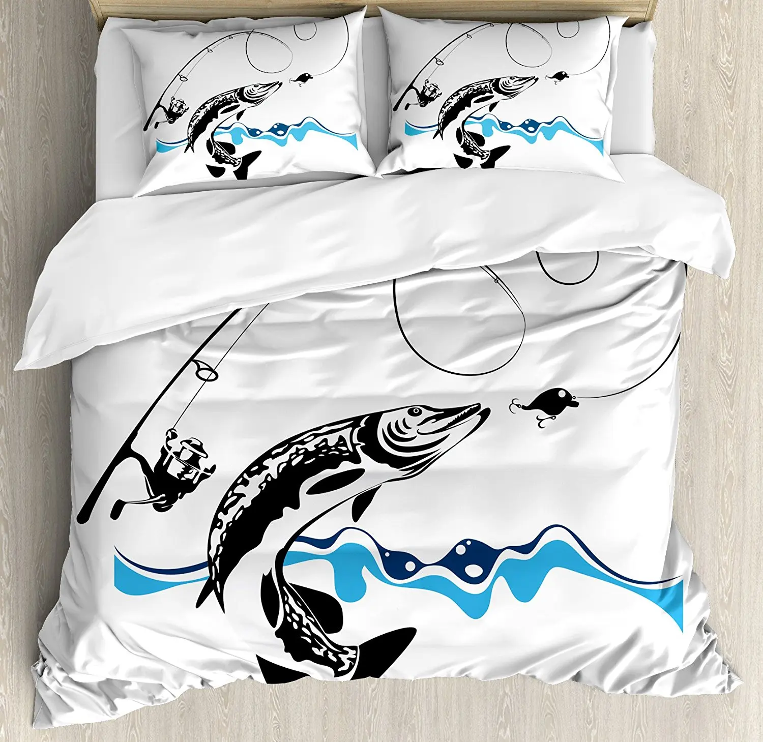 

Fishing Decor Duvet Cover Set Big Pike Fish Catching Wobblers Reel Trap in River Raptorial Predator Print, 4 Piece Bedding Set