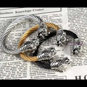 

Top Hot Sell Silver Gold Black Color Cable Chain With Tiger Head 316L Stainless Steel Bangle For Cool Men's Jewelry 60mm Inner