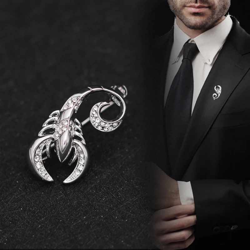 

Fashion design collar shirt suit pin brooch crystals metal scorpion charm personalized ornament jewelry accessories 3pcs lot