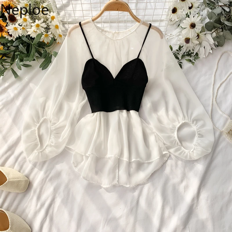 

Neploe French Style Lantern Sleeve Blusas O-Neck Long Sleeve Blouse Women Slim Fit Shirt + Knitted Tank Top 45177