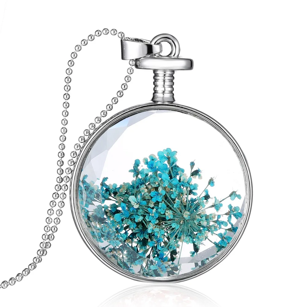 Rinhoo Femme, элегантное ожерелье с сушеными цветами, серебряная Длинная цепочка, круглая стеклянная подвеска, ожерелье для женщин, девушек, модное ювелирное изделие, подарок