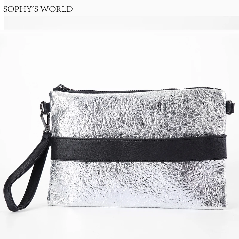 

Metal Color Women Leather Shoulder Bag Casual Envelpe Clutch Ladies Purse Silver PU Bolsa Flap Sling Strap Messenger Bag