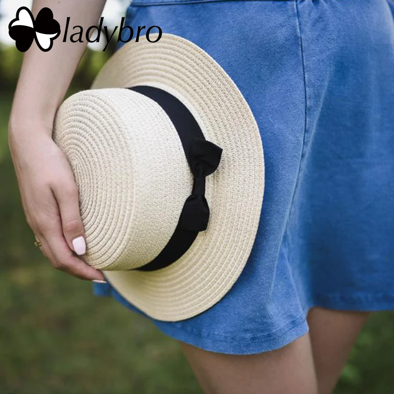 Женская Соломенная шляпка Ladybro Пляжная от солнца на плоской подошве с бантом для