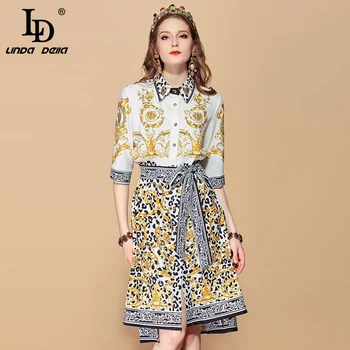 

LD LINDA DELLA Summer Fashion Runway Shirt Dress Women's Gorgeous Floral Print Beading Loose Sashes Vintage Dress vestidos