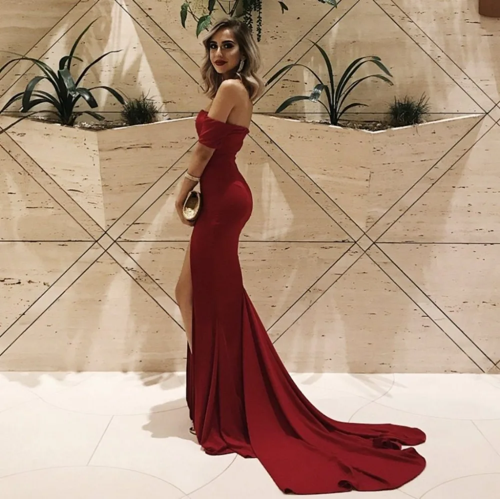 

Red Off the Shoulder Evening dress 2019 new Strapless Mermaid Split Long Evening Gown Prom Dress Tailored