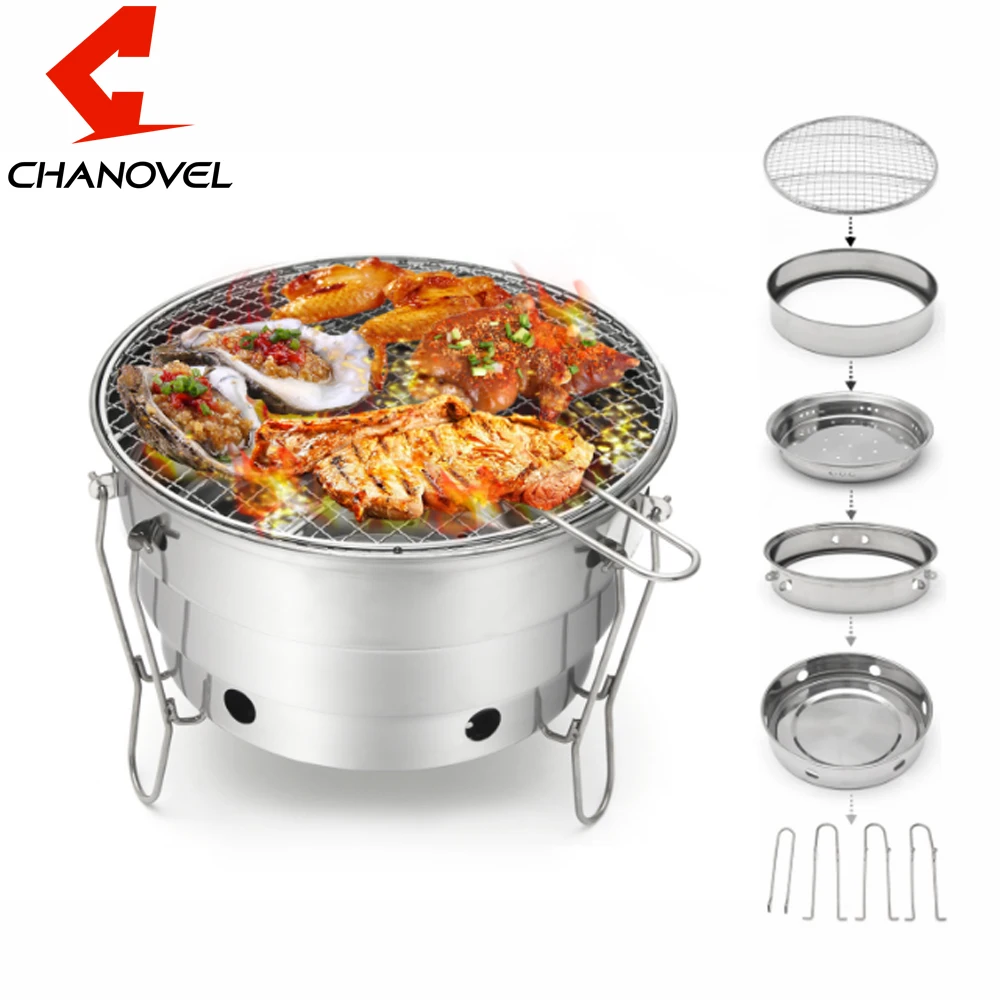 

CHANOVEL Foldable Portable Barbecue Charcoal BBQ Grill Stainless Steel Cooking Outdoor Camping Burner Patio Stove Family Party
