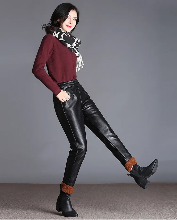 Модный бренд с бархатом теплые штаны из искусственной кожи осень 2019 г. Женская высокая Вышивка крестом пакет хип качество тонкий широкие