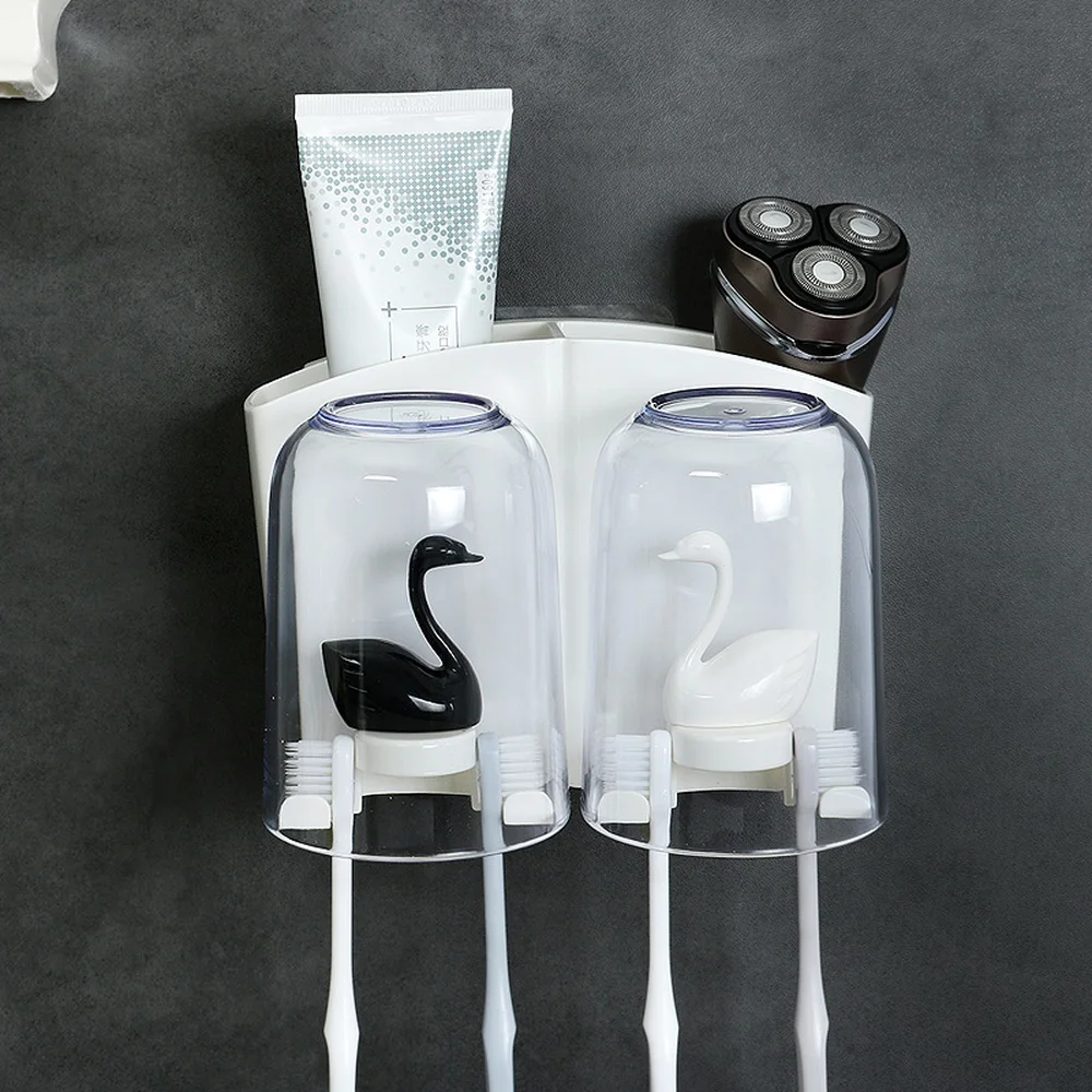 

Hanging toothbrush holder mouth cup set bathroom suction wall type punch-free couple creative cute brush tooth cup rack LO716412