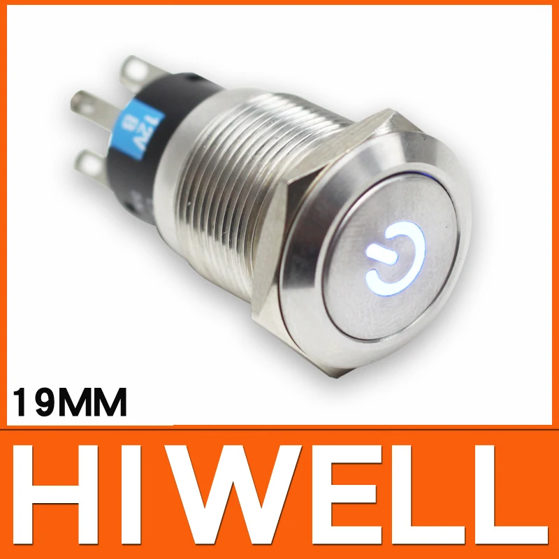 LED momentary illuminated switch 19mm 1NO1NC Power mark 5 colors