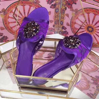 Bonjean/Новинка; летние кружевные шлепанцы на плоской подошве с вышивкой; женские пикантные шлепанцы с открытым носком и кристаллами; женская повседневная обувь; цвет красный, синий, черный - Цвет: Фиолетовый