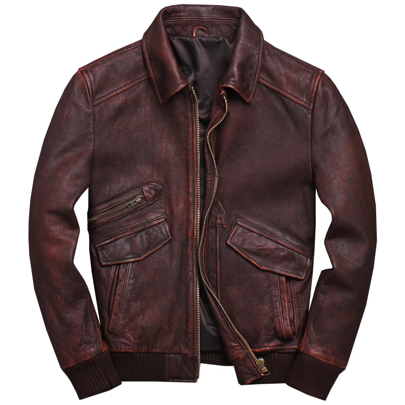 

2019 Vintage Brown Men Pilot Leather Jacket Plus Size XXXXXL Genuine Thick Cowhide Spring Aviator Leather Coat FREE SHIPPING