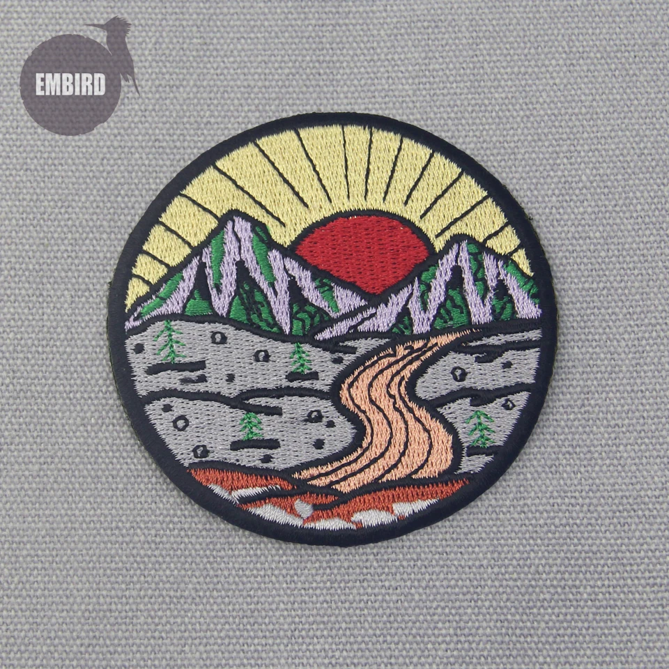 

Embird patch Embroidered patches cool Sunrise Explore Outdoor handmade 3D iron on patches boys patch