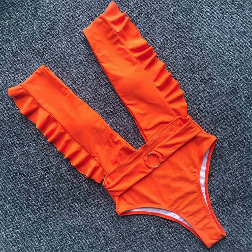 8 цветов, сексуальный цельный купальник с глубоким v-образным вырезом,, женская одежда для плавания, женский купальный костюм с оборками и высокой талией, одежда для плавания V1414 - Цвет: Оранжевый