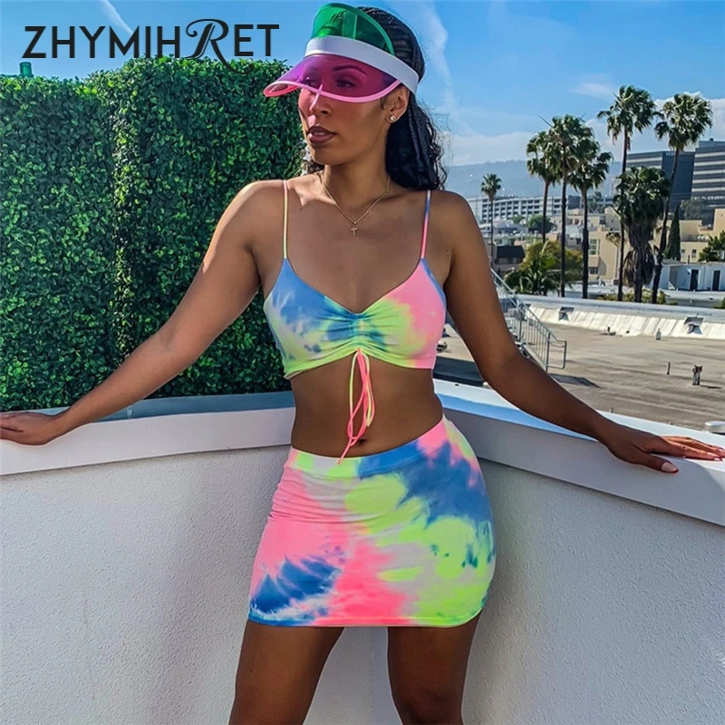 

ZHYMIHRET Sexy Tie Dye Ruched Two Piece Set Mini Dress For Women Summer Spaghetti Strap Party Bodycon Dress Female Sundresses