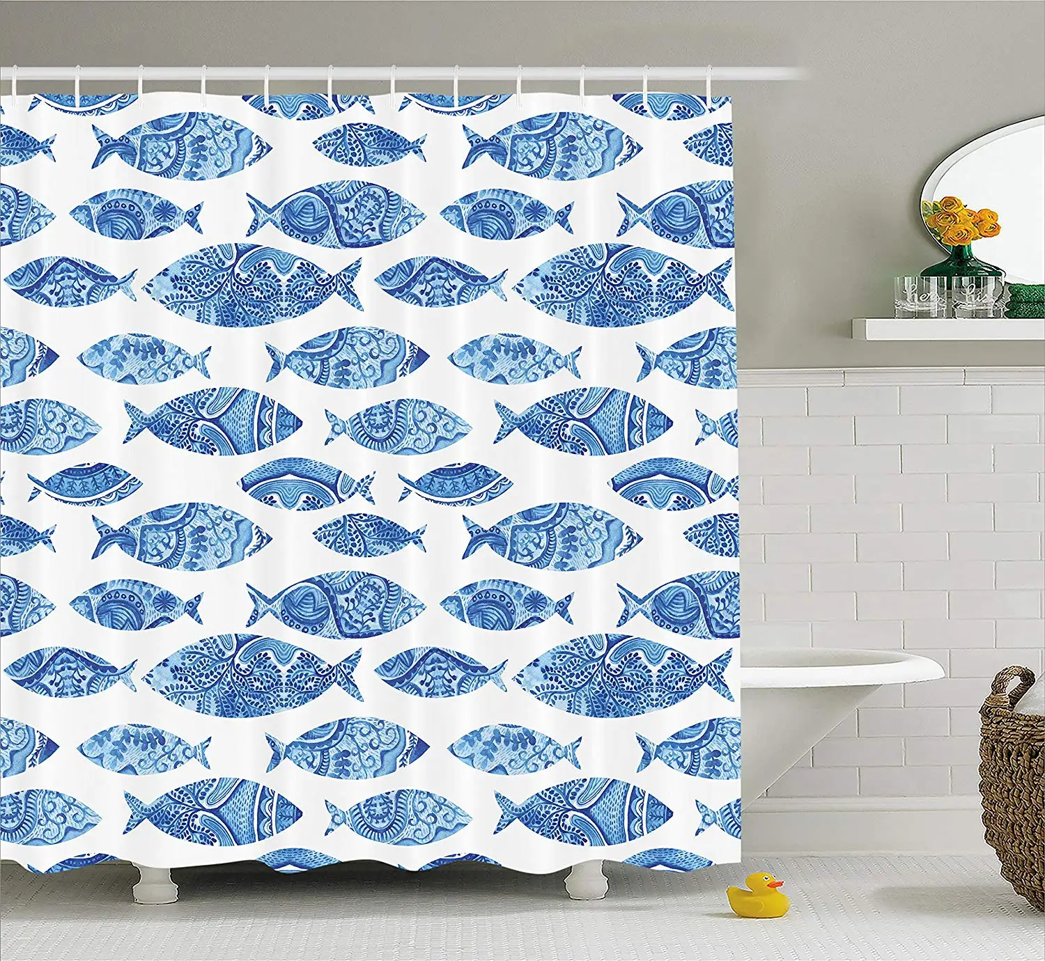 Best Ocean Animal Decor Shower Curtain Fish Figures with Ancient Ottoman Ornate Mosaic Hand Drawn Marine