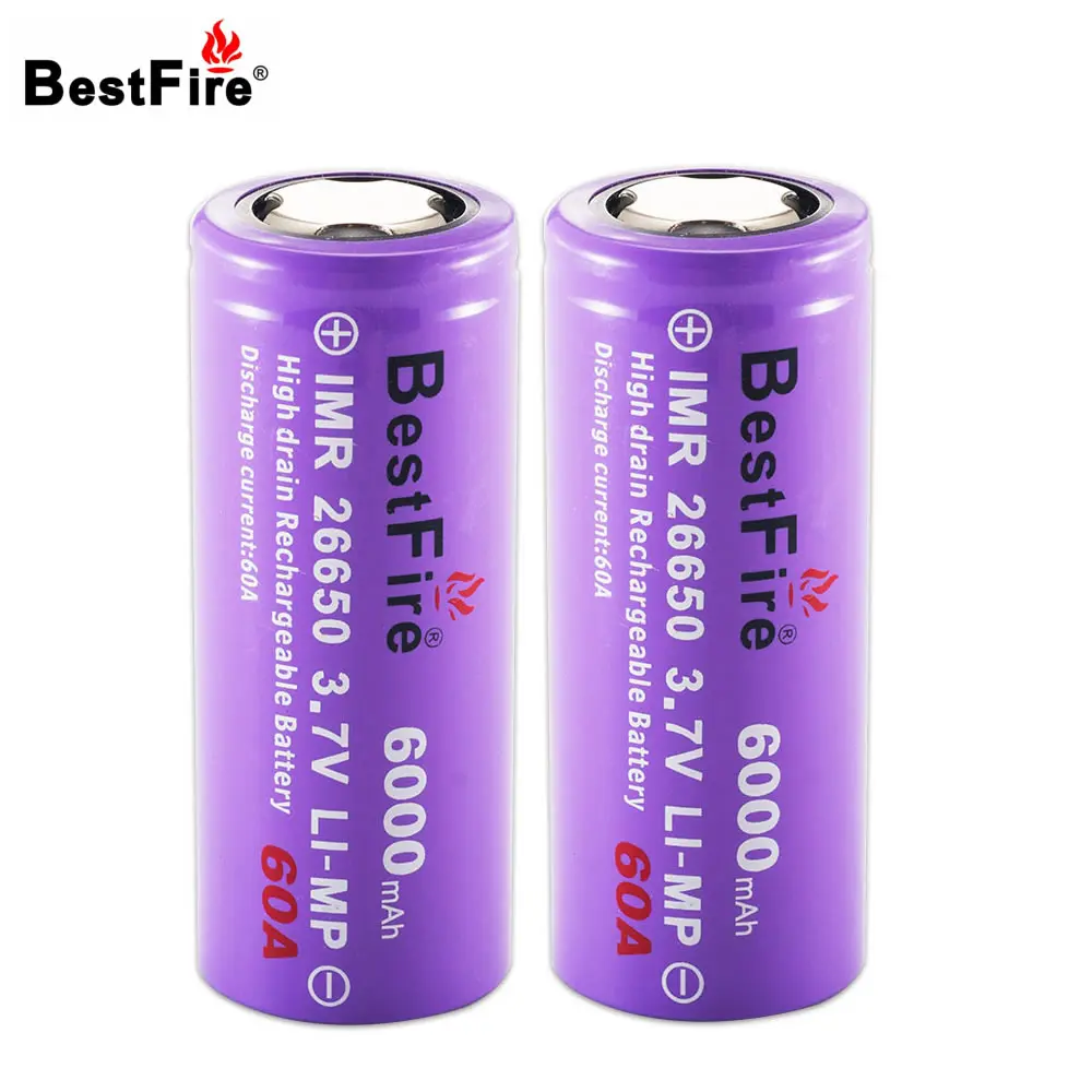 

Bestfire 26650 Battery 3.7V Li-ion 6000mAh 60A Rechargeable Battery for E Cigarette Flashlight Led Torch Light 2pcs/lot