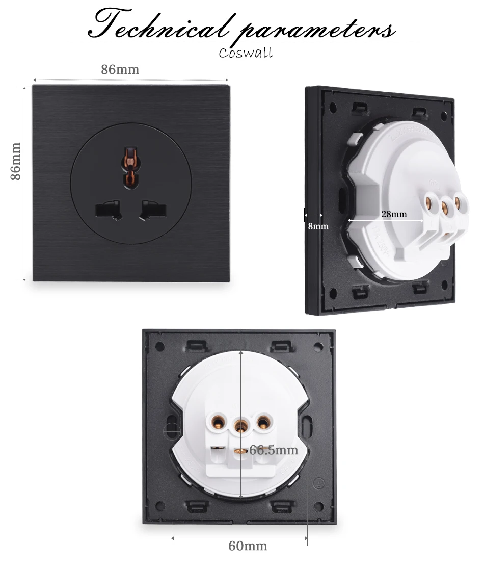 Coswall роскошная черная алюминиевая панель 13A универсальная настенная розетка с заземленным замком для защиты от детей
