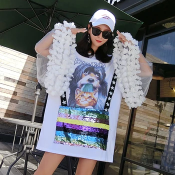 

Summer new hip hop tidal brand rainbow sequin letter strap printing perspective petal mesh sunscreen sleeve loose ladies dress