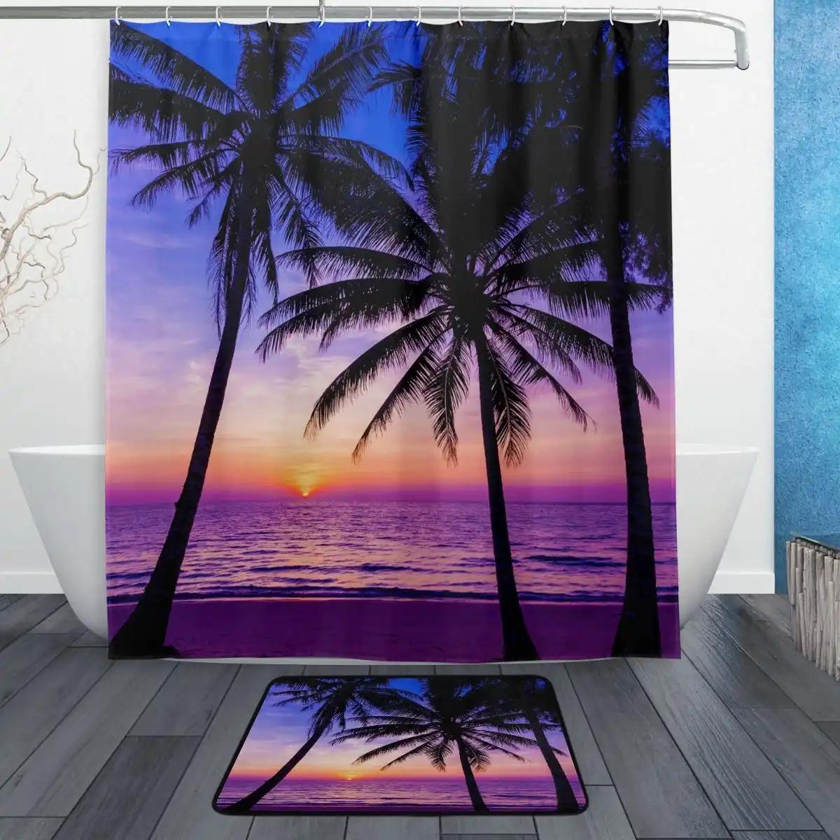 Tropical Island Beach Theme Shower Curtain And Mat Set Palm Tree