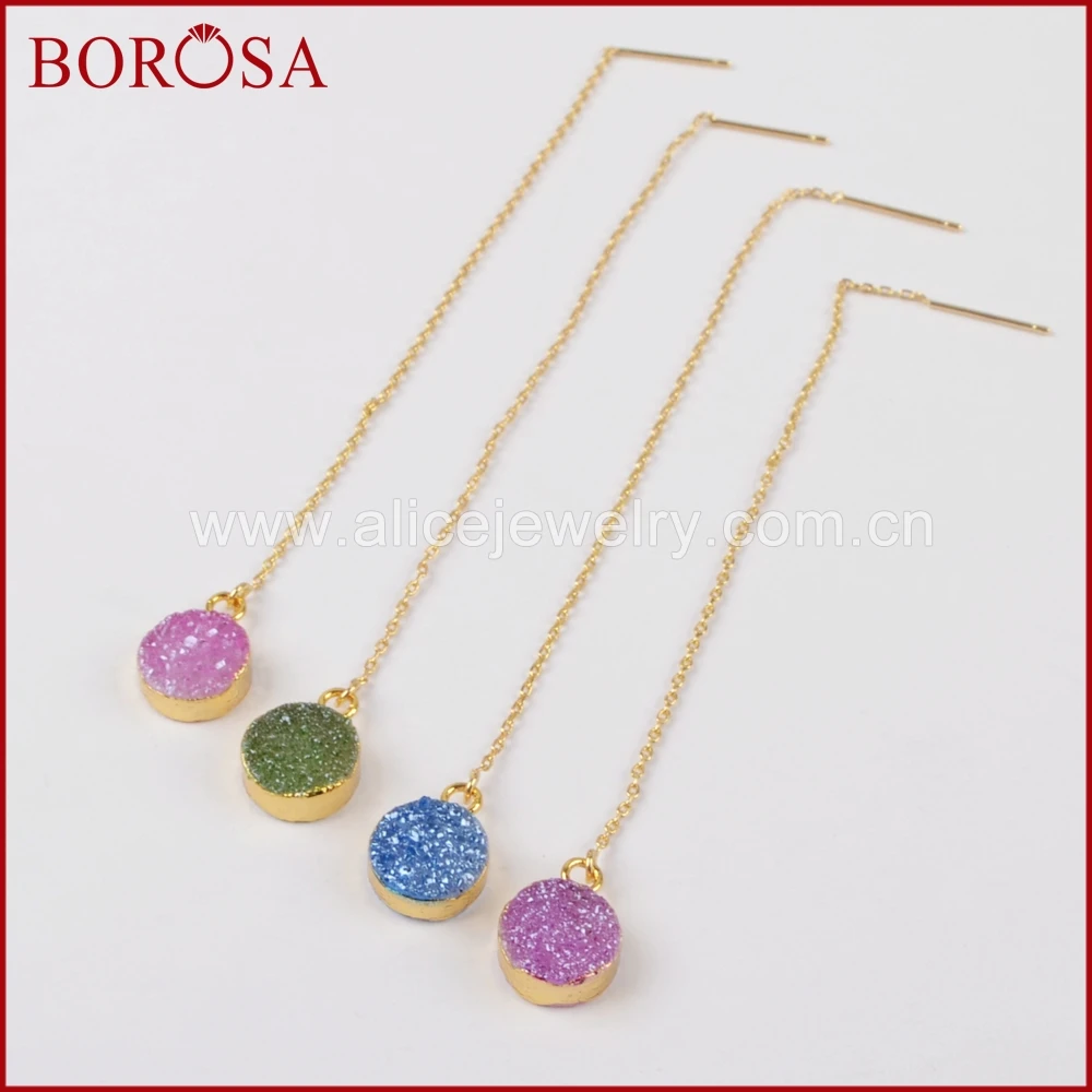 

BOROSA 5Pairs 10mm Round Gold Color Druzy Rainbow Quartz Stone Drusy Drop Threader Earrings for Women Fashion Jewelry G1384