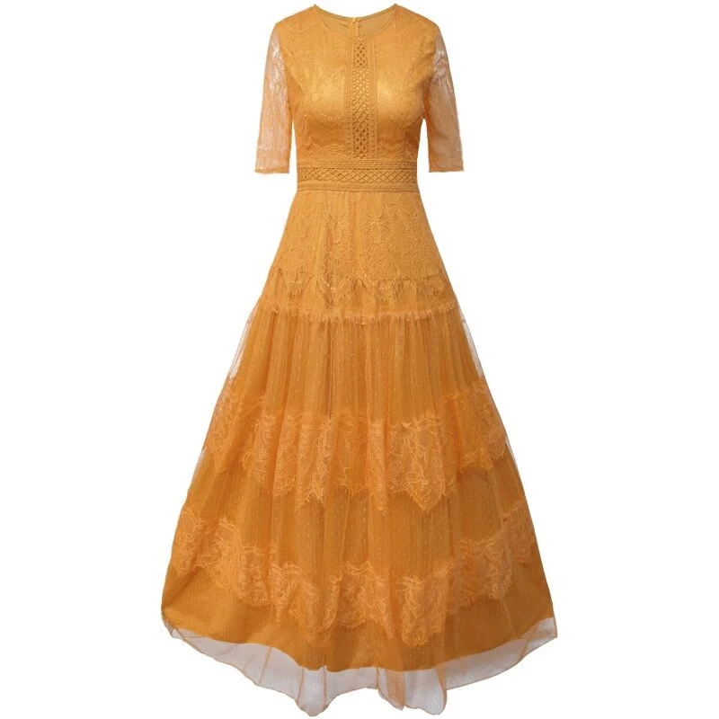 

2019 Summer Maxi Vintage Lace Long Dress for Women Fairy Evening Party O-neck Short Sleeve Ankle-length Slim Vestidos for Travel