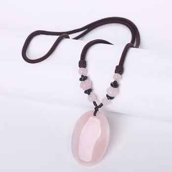 

Natural Pink Crystal Rock Necklace Quartz Pendant Necklace Power Gem Chain Women Jewelry Engagement Water Drop Bead Big Necklace