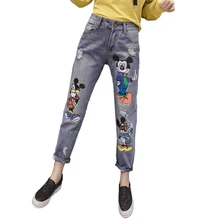 Женские рваные джинсы со средней талией, брюки с принтом Микки, большие размеры, джинсовые синие джинсовые брюки женские джинсы, женские узкие джинсы