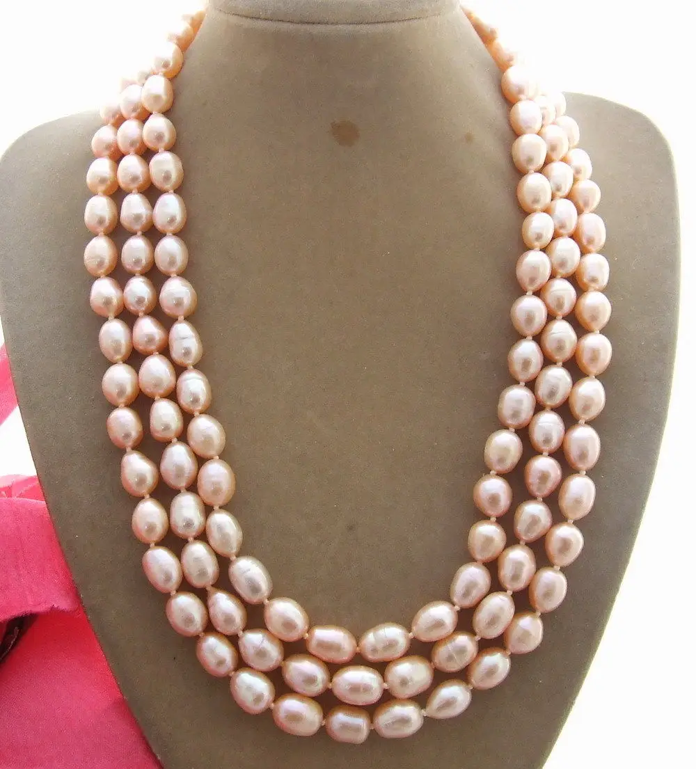 

FREE SHIPPING HOT sell new Style >>>> 3Strad Natural 8x10MM Pink Pearl Necklace