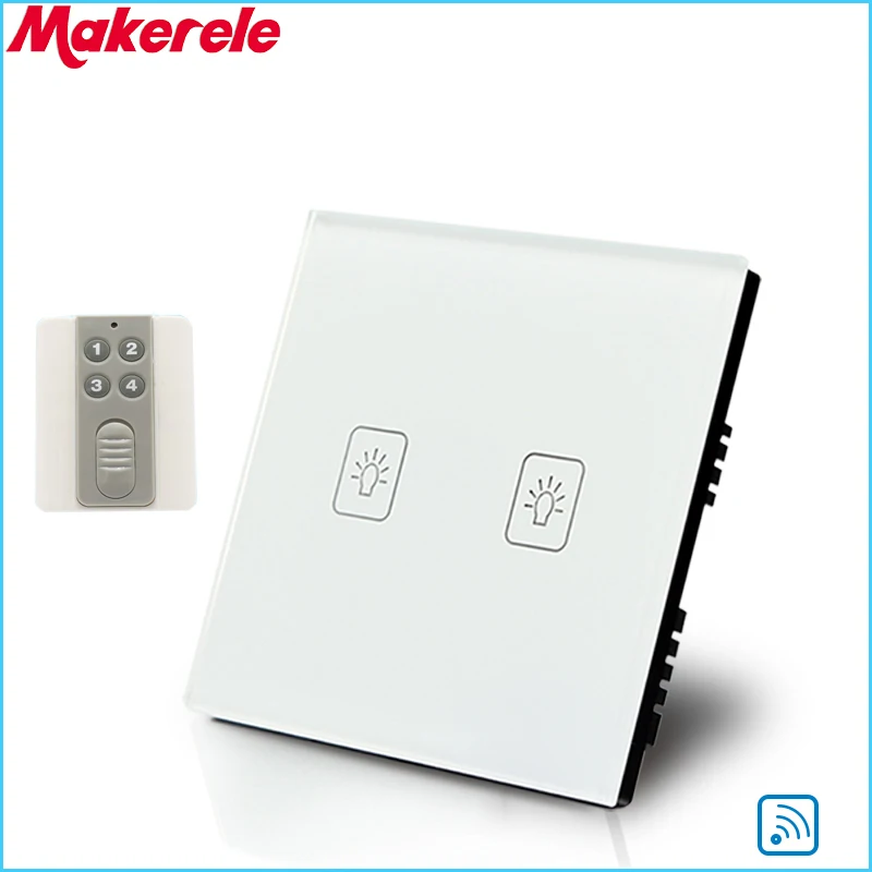 Remote Touch Switch UK Standard 2 Gang 1 way RF Remote Control Light Switch White Crystal Glass Panel with Remote control