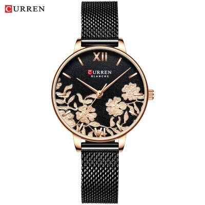 CURREN 9065, женские часы из нержавеющей стали, стильный топ-браслет, классические кожаные кварцевые наручные часы, простые женские часы с цветком из розового золота - Цвет: Black 1