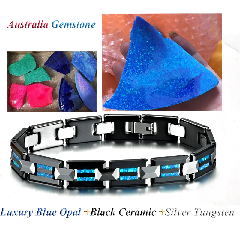 luxury Blue Natural Opal Australia Gemstone black ceramic tungsten carbide fashion jewelry homme femme Men bracelets for women (2)