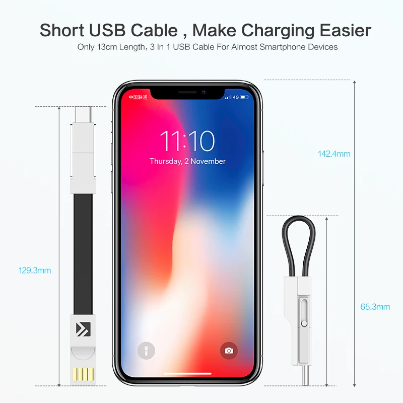  FLOVEME 3 in 1 Keychain USB Ladegerät Kabel Für iPhone/Micro USB/Typ C Kabel Für Samsung Note 9 dat