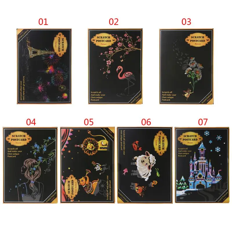 

4Pcs/Set Creative Color Postcard Scraping Night Scenes Scratching Cartoon Animal Characters Greeting Cards