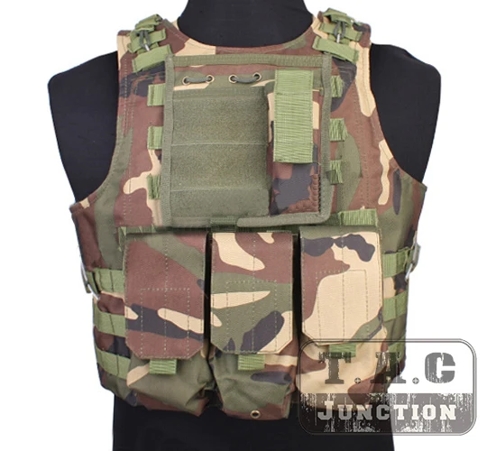 

Tactical USMC MOLLE Woodland Plate Carrier Quick Release Amphibious Combat Assault Body Armor Vest w/ M4/AK Magazine Pouches