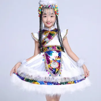 

Chinese Costume Children Tibetan Mongolian Dance Costumes with Water Sleeves Zasidler Children Minority Stage Costumes