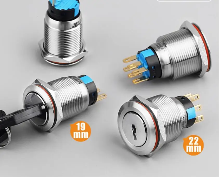 

1pcs 19mm/22mm Metal key button switch flat head 220V 0.5A 2/3 gear Self locking button for Battery car Modified robot