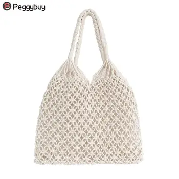 

Simple Women Hollow Out Mesh Bucket Girls Summer Beach Cotton Rope Woven Handbag Casual Tote