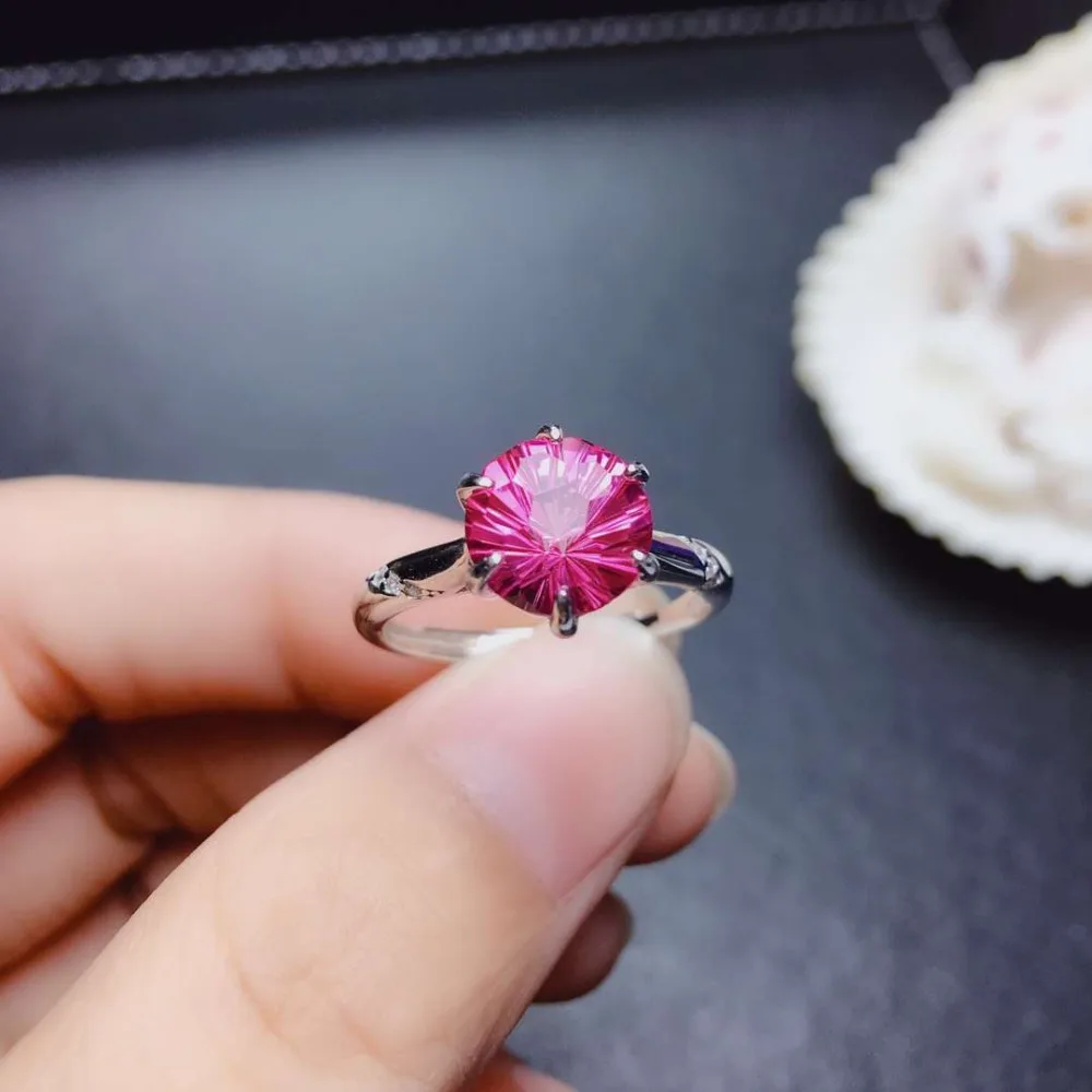 

Fashion elegance round Natural pink Fireworks topaz Ring S925 Silver Natural Gemstone Ring girl Women's wedding fine Jewelry